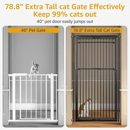 78.8" Extra Tall Cat Gate, 28.3-33" Wide Cat Door for Stairs, Pressure Mounted Easy Walk Through Safety Metal Pet Door for Doorway, No Drilling Pet Gate for Dogs (Black)