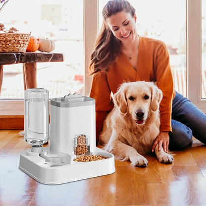 Automatic Dog Cat Feeder and Water Dispenser Combo, 10L Large Capacity Pet Food and Water Station with Integrated Bowl for Multiple Pets (Gray)