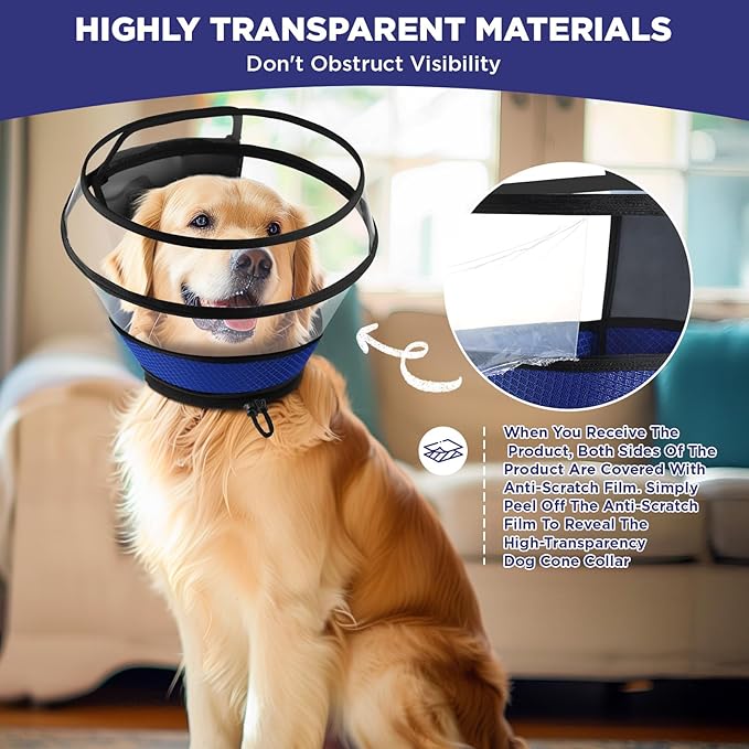 Soft Dog Cone for Dogs After Surgery,Transparent Breathable Dog Cone Collar for Small Large Medium Size Dog,Adjustable Depth Pet Recovery Collars,Elizabethan Collar for Dogs Stop Licking (Blue-S)