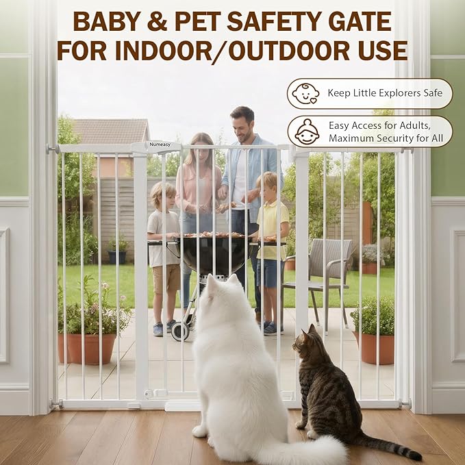 Mumeasy 36" Extra Tall Baby Gate for Doorways, 29.7"-57" Extra Wide Dog Gate for Stairs, Pressure Mounted Auto Close Pet Safety Gate with Easy Walk Thru Door, Large Indoor Child Gate for House, White