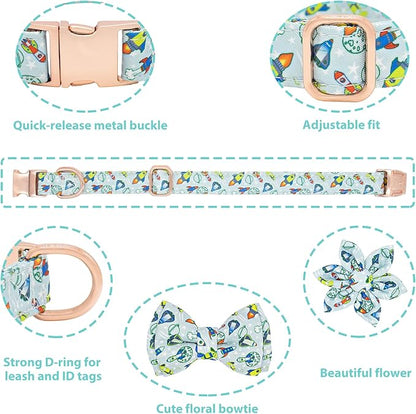 Dog Collar and Leash Set Adjustable Girls Puppy Floral Collars with Bow Tie for Small Medium Large Dogs(M, Rocket)