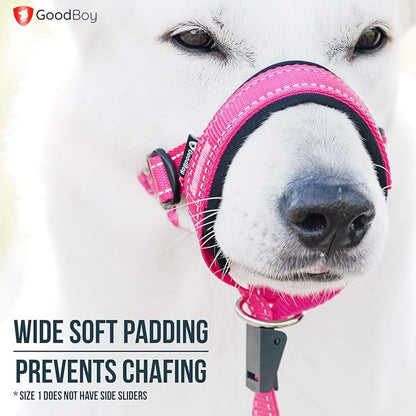 GoodBoy Dog Head Halter with Safety Strap - Stops Heavy Pulling On The Leash - Padded Headcollar for Small Medium and Large Dog Sizes - Head Collar Training Guide Included (Size 1, Pink Nylon)