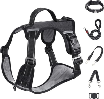 IEUUMLER No Pull Dog Harness, Reflective Front Clip Vest with Leash,Safety Belt and Backup Safety Strap, Adjustable Easy Control Handle,Air Tag Dog Collar for Small Medium Large Dogs EU021 (Black, XS)