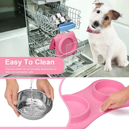 Anipaw Slow Feeder Dog Bowls 3 in 1 Stainless Steel Dog Food and Water Bowls with Non-Spill Non-Skid Silicone Mat to Slow Down Eating for Large Medium Small Breed Size Dogs and Cats (Pink Blue)