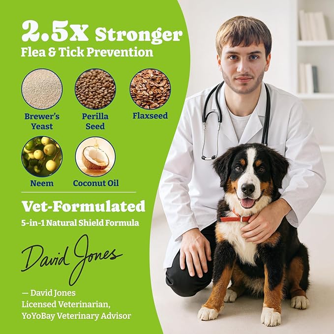 Flea & Tick Prevention for Dogs Chewables, YoYoBay Natural Dog Fleas and Ticks Control Supplement, Dogs Supplement, Natural Shield 5-in-1 Protection, Beef & Carrot Flavor, 180 Soft Chews *2 Pack