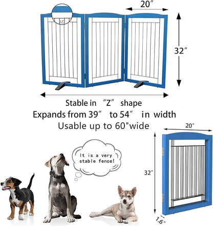 ZJSF Freestanding Dog Fence Indoor, Foldable Dog Gate for Doorways, Stairs or Hallways, Sturdy Wood Extra Wide Pet Gate with Support Feet for The House, Blue, 32 "Height-3 Panels