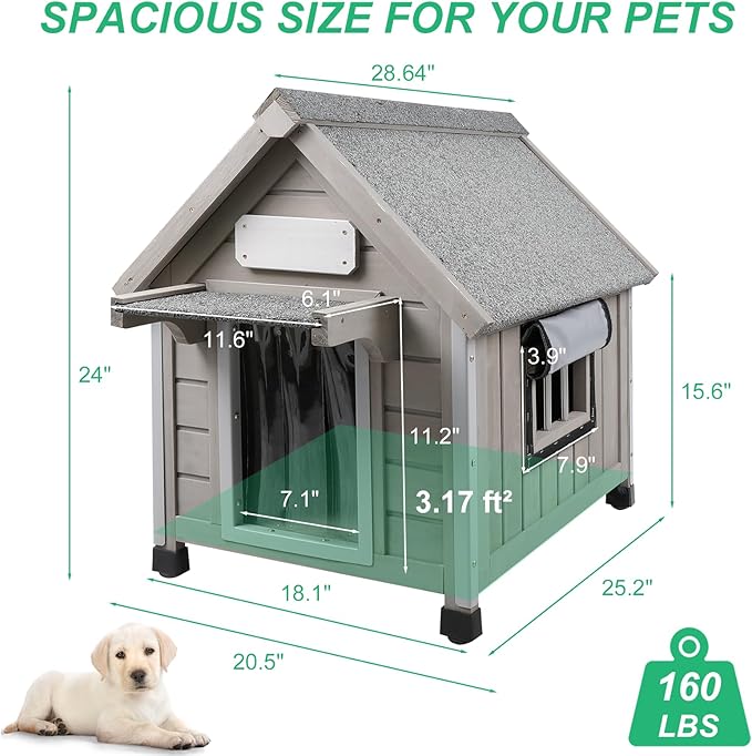 PetsCosset 20.5" L Outdoor Dog House with Waterproof Asphalt Roof for Small to Medium Dogs,Large Wooden Indoor Dog Kennel with Anti-Chewing Metal,Oxford Cloth Window,Durable Doghouse for 1-2 Dogs