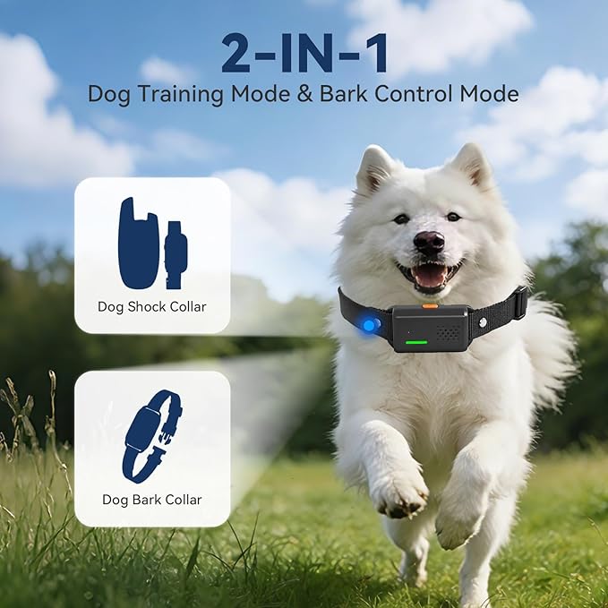 CanineJoy Dog Shock Collar and Automatic Bark Collar - 2-in-1 4200FT Dog Training Collar with Remote Control, Waterproof Electric Collar with 4 Training Modes, Security Lock, Rechargeable E-Collar