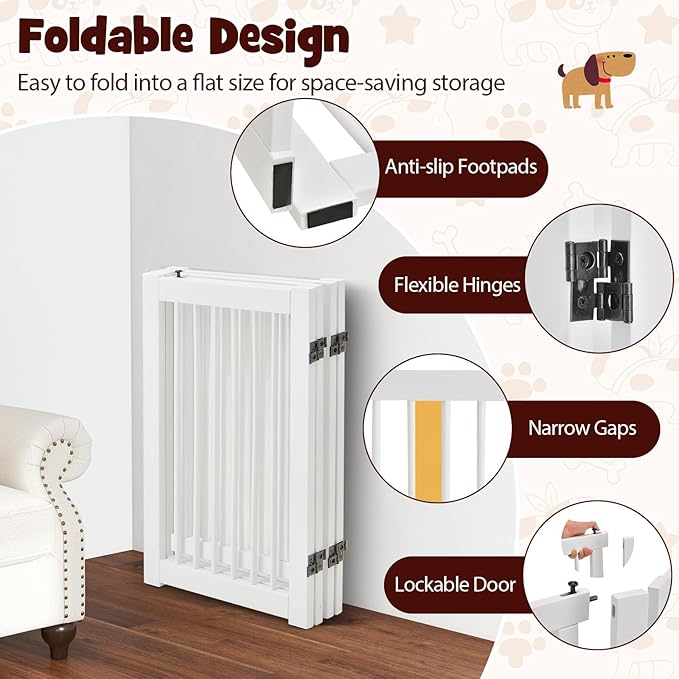 Giantex Dog Gate with Door - 30''H × 80''W Wooden Pet Gate with Walk Through Door, Foldable Freestanding 4 Panels Pet Safety Fence Extra Wide for Doorway Stairs House Deck Yard, White