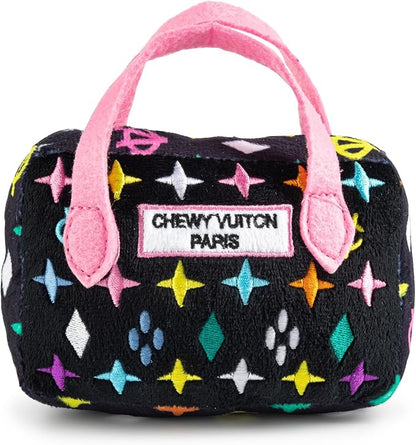 Haute Diggity Dog Chewy Vuiton Handbag Plush Squeaky Dog Toy, Soft Durable Designer-Inspired Stuffed Puppy Chew Toys for Small & Medium Dogs, Machine-Washable (Black Monogram) Small
