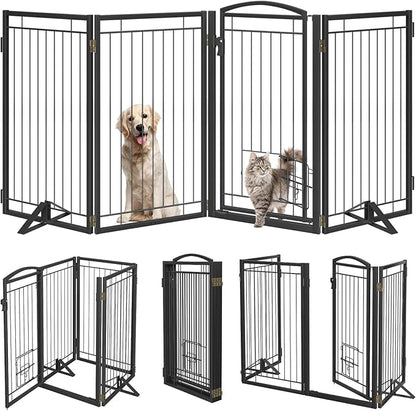 36" Tall Metal Freestanding Dog Gate with Cat Door for Indoor&Outdoor,80" Extra Wide Foldable Pet Gate,Foldable Indoor Dog Fence for Wide Openings Stairs,Deck,Yard,Doorways(4 Panels,Black)