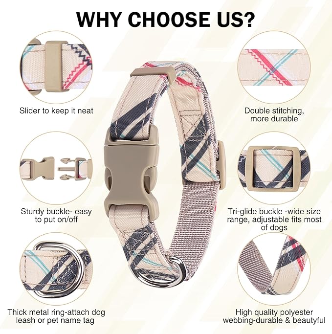 Dog Collar and Leash Set for Small Dogs, Adjustable Soft Puppy Collar with Quick Release Buckle, 5FT Heavy Duty Nylon Matching Leash for Boy Girl Chihuahua, Yorki, Bulldog, Beige XS