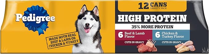 Pedigree High Protein Wet Dog Food, Adult Soft Canned Dog Food Variety Pack, 13.2 oz Cans, 12 Count