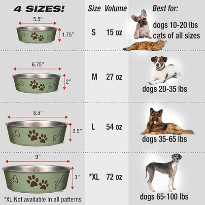 Loving Pets Bella Dog Bowls- Stainless Steel Dog & Cat Bowls - Spill Proof Dog Food Bowl, Cat Bowl, Puppy Essentials & Pet Supplies Great for Home & Travel (X-Large 65-100lbs, Artichoke)
