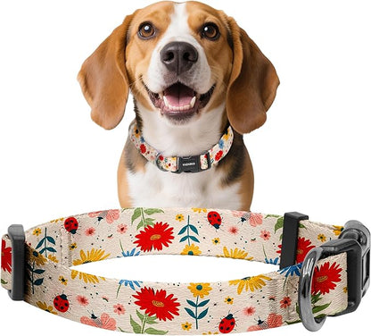 Kazazoo Dog Collar Cute and Soft Nylon Puppy Collar for Boy and Girl, Adjustable Dog Collars for Small Medium Dogs, Ladybugs and Flowers-M