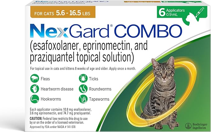 NexGard® Combo (esafoxolaner, eprinomectin, and praziquantel Topical Solution) Flea and Tick Protection Plus Heartworm Disease Preventive for Cats, 5.6-16.5 lbs. (Yellow Box) 6 Doses (6 Month Supply)
