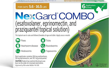 NexGard® Combo (esafoxolaner, eprinomectin, and praziquantel Topical Solution) Flea and Tick Protection Plus Heartworm Disease Preventive for Cats, 5.6-16.5 lbs. (Yellow Box) 6 Doses (6 Month Supply)