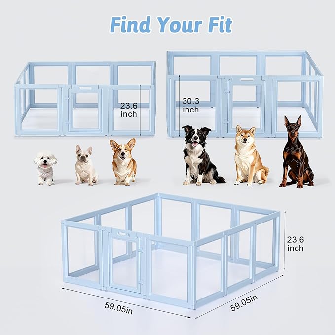 DIY Clear Acrylic Dog Playpen House,Quick Easy Assembly and Disassembly,Strong Floor Suction,Indoor and Outdoor Use,Easy Cleansing Puppy Fence (Sky Blue, 23.6" H, 12PCS)