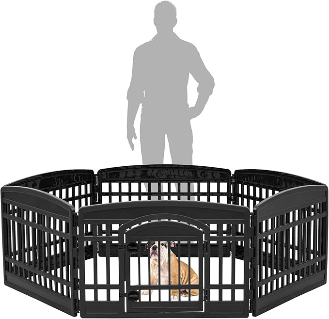 IRIS USA 24" Dog Playpen 8-Panel Pet Exercise Pen with Door Gate 83.5x83.5x24 Puppy Play Pen Indoor Outdoor Plastic Foldable Portable Pet Fence for Small Medium Dogs Puppies Multiple Pets Black