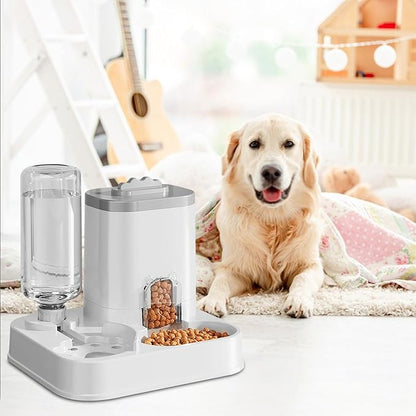 Automatic Dog Cat Feeder and Water Dispenser Combo, 10L Large Capacity Pet Food and Water Station with Integrated Bowl for Multiple Pets (Gray)