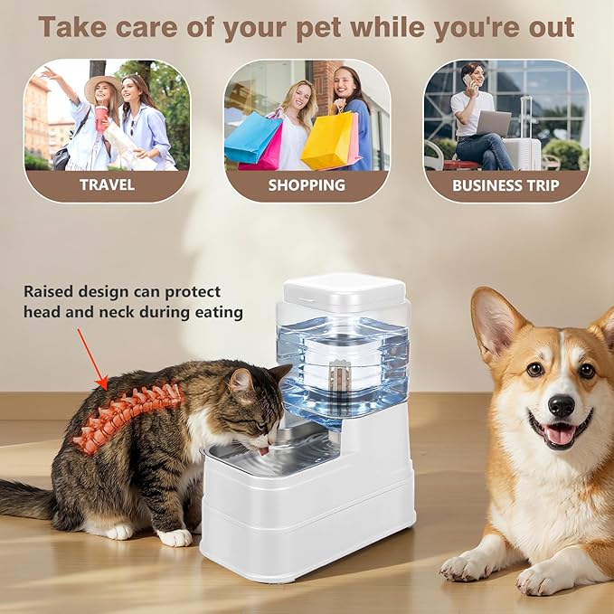 1.1 Gallon Pet Automatic Dog Water Dispenser Cat Gravity Waterer Feeder with Stainless Steel Bowl Large Capacity Puppy Feeding Raised Bowls with Filter,Ice Pack (White, 4L(1.1 Gallon))