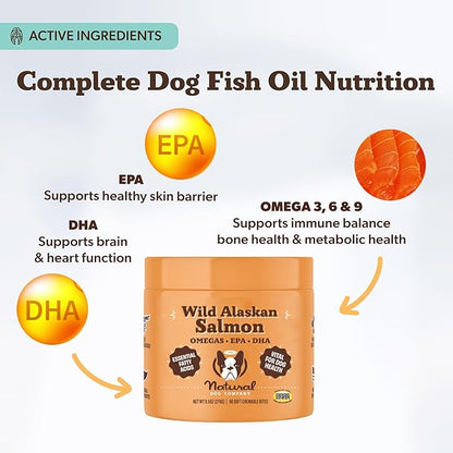 Natural Dog Company Wild Alaskan Salmon Chews for Dogs – Fish Oil Supplement with EPA & DHA for Itchy Skin, Coat, Brain, Joints & Immune Health, Daily Omega-3 Chews, 90 Count