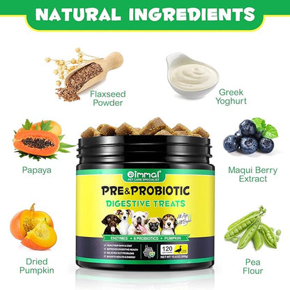 Probiotics for Dogs Digestive Health, Digestive Soft Chews for Dogs, Dog Probiotics and Digestive Enzymes, 120 Dog Chews Omega-3 & 6, Vitamin, Improve Digestion, Immunity