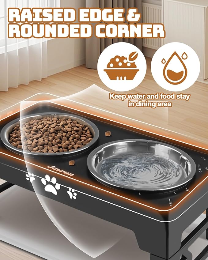 Jovrun Elevated Dog Bowls for Small Dogs and Cats with Mat, Non-Slip Cat Bowls with 2 Thick 5.5" Stainless Steel Dishes, Dog Feeder 2 Heights Adjustable to 2.6"-5.3"