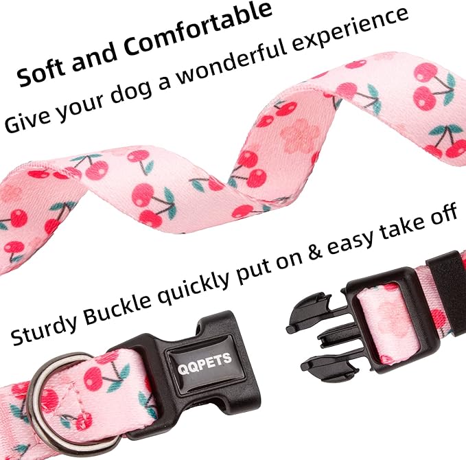 QQPETS Adjustable Soft Dog Collar: Print Flower Pink Multicolor Cute Patterns for XS Small Medium Large Pet Girl Boy Puppy Walking Running Training (S, Sakura Pink)