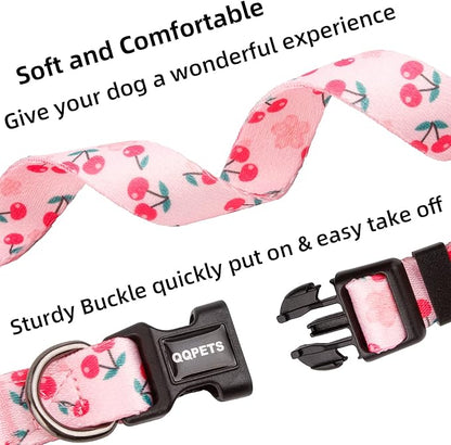 QQPETS Adjustable Soft Dog Collar: Print Flower Pink Multicolor Cute Patterns for XS Small Medium Large Pet Girl Boy Puppy Walking Running Training (S, Sakura Pink)