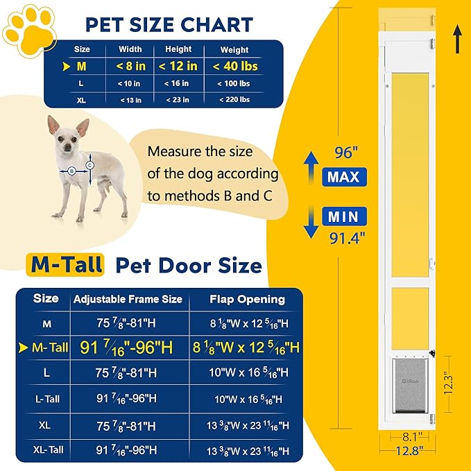 Medium Dog Door for Sliding Glass Doors, 91 7/16" to 96" Tall, 12.8" Wide, Aluminum Frame, Magnetic Seal, Perfect for Medium Pets Up to 40 lbs