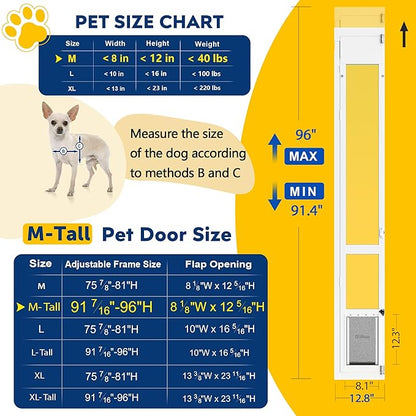 Medium Dog Door for Sliding Glass Doors, 91 7/16" to 96" Tall, 12.8" Wide, Aluminum Frame, Magnetic Seal, Perfect for Medium Pets Up to 40 lbs