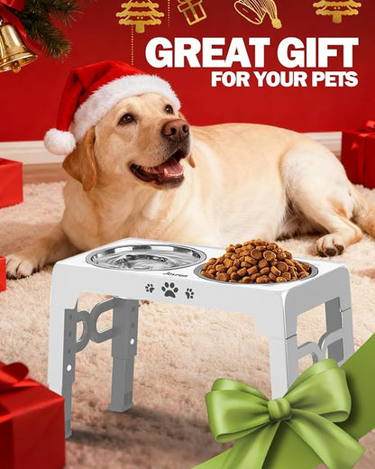 Jovrun Elevated Dog Bowls for Medium Large Size Dogs, Non-Slip Dog Feeder with 1*Stainless Steel Dishes & 1*Slow Feeder Bowl, 5 Heights Adjustable Raised Bowls to 3.15″-8.66″-9.84″-11.02″-12.2″
