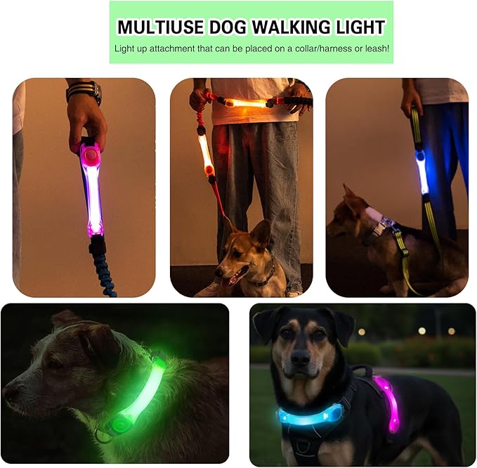 Heavy Duty Dog Leash and LED Light Set, LED Light with Nylon Stickers, Universal Glowing Accessories Easy to Attach Collar Leash and Harness, Safety LED Light Up Band for Dogs at Night Walking