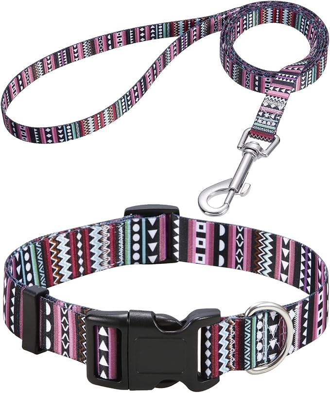 Mihqy Dog Collar and Leash Set with Bohemia Floral Tribal Geometric Patterns - Soft Ethnic Style Collar Adjustable for Small Medium Large Dogs(Bohemian Purple Set,XS)