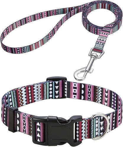 Mihqy Dog Collar and Leash Set with Bohemia Floral Tribal Geometric Patterns - Soft Ethnic Style Collar Adjustable for Small Medium Large Dogs(Bohemian Purple Set,XS)