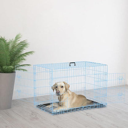 Dog Crate, Wire Kennel with Divider Panel, Metal Cages with Double Door, Leak-Proof Pan Tray, Folding Portable Pet Dog Cage for Indoor Outdoor Travel (Blue, 48")