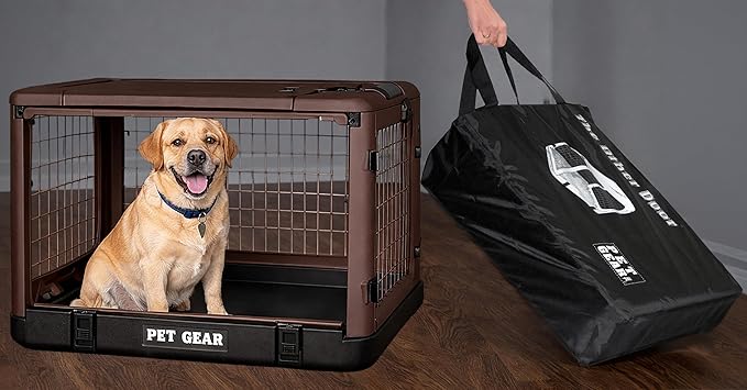 Pet Gear “The Other Door” 4 Door Steel Crate for Dogs/Cats with Garage-Style Door, Includes Plush Bed + Travel Bag, No Tools Required, Coffee Bean, 36 Inch