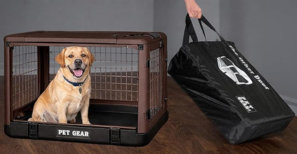 Pet Gear “The Other Door” 4 Door Steel Crate for Dogs/Cats with Garage-Style Door, Includes Plush Bed + Travel Bag, No Tools Required, Coffee Bean, 36 Inch