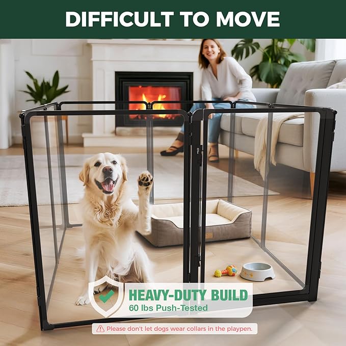 FXW AuraSpace Pro Acrylic Indoor Dog Playpen, Heavy-Duty with Metal Frame, 40" Height 8 Panels for Medium and Large Dogs, Black│Patented