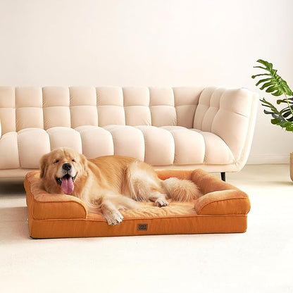 EHEYCIGA Orthopedic Dog Beds for Large Dogs, Waterproof Memory Foam Large Dog Bed with Sides, Non-Slip Bottom and Egg-Crate Foam Pet Couch Bed with Washable Removable Cover,Pumpkin Orange