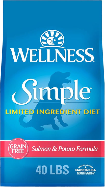 Wellness Simple Limited Ingredient Adult Dry Dog Food, Grain Free Kibble, Sensitive Stomach, Skin & Coat Support, Natural, Chicken Free, Salmon and Potato Recipe, 40 lb Bag