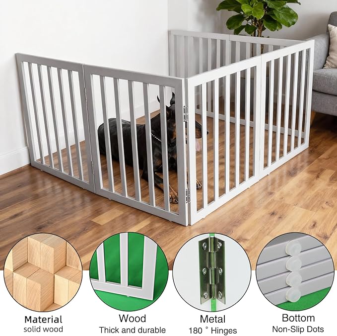 ZJSF Freestanding Indoor Dog Gate for House Foldable Wood Grey Puppy Gate for Doorways Pet Gate for Stairs Extra Wide Pet Fence 32" Height 6 Panels