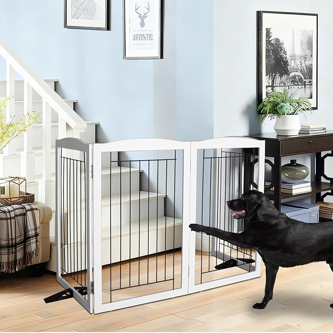 ZJSF Freestanding Dog Fence Indoor, Foldable Dog Gate for Doorways, Stairs or Hallways, Sturdy Wood Extra Wide Pet Gate with Support Feet for The House, White, 32 "Height-4 Panels