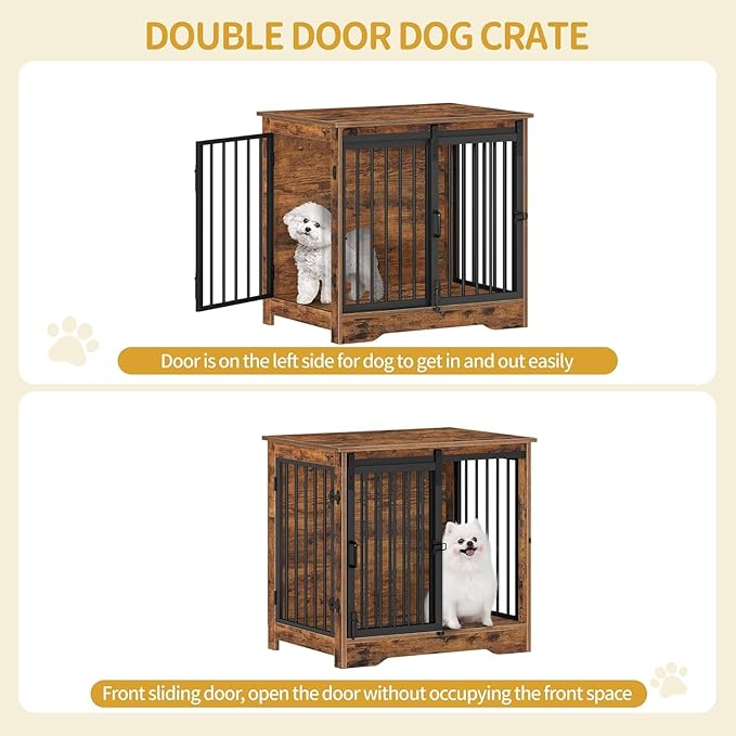 Hzuaneri 27.2" Dog Crate Furniture with Barn Door, Heavy Duty Dog Kennel Indoor with 2 Doors, Wooden Pet Cage End Table for Small Medium Dogs up to 22 lb, Anti-Chew Anti-Escape, Rustic Brown DFC84301B