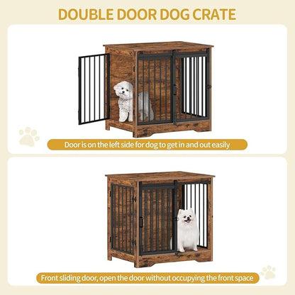 Hzuaneri 27.2" Dog Crate Furniture with Barn Door, Heavy Duty Dog Kennel Indoor with 2 Doors, Wooden Pet Cage End Table for Small Medium Dogs up to 22 lb, Anti-Chew Anti-Escape, Rustic Brown DFC84301B