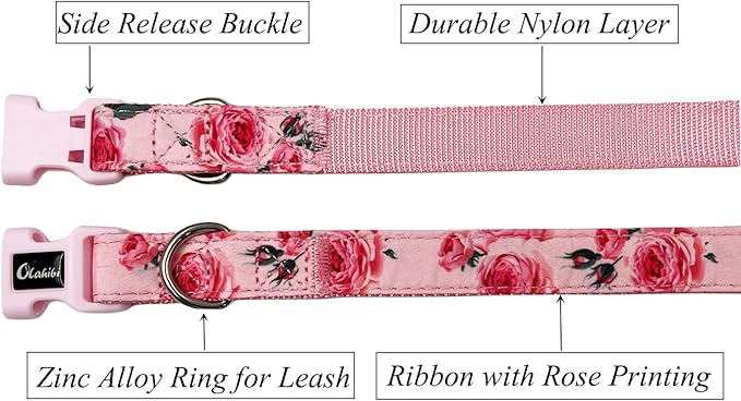 Dog Collar Leash Set, Floral Pattern, Nylon Webbing Plus Cotton Ribbon, 5ft Matching Leash, for Medium Dogs.(M, Pink Rose)