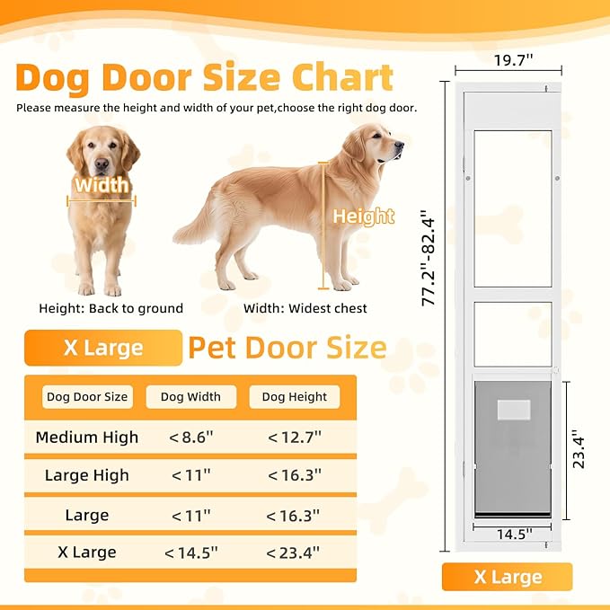 Dog Door for Sliding Glass Door with Magnetic Flat, Installed on Either Left or Right Side，Sliding Door Pet Doggie Door Insert with Lock, Adjustable Height No-Cut Required Doggy Door