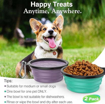 Pawaboo Collapsible Dog Bowls 2 Pack, Silicone Feeding Watering Bowls with Lids & Carabiners for Dogs Cats, Portable Water Feeder Food Bowl for Walking Traveling Home Use, 1000ml, Violet+Turquoise