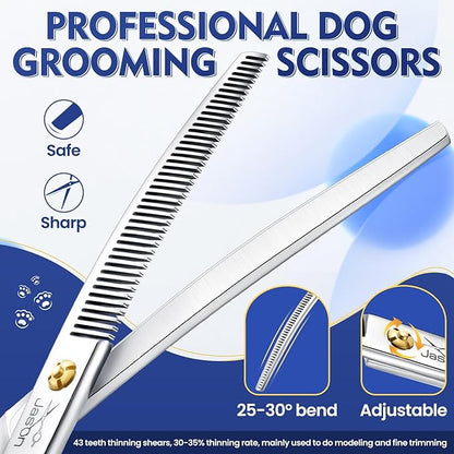 JASON Curved Thinning Dog Scissors - Ergonomic Updated Dog Grooming Shears Sharp Curved Blender 440C Stainless Steel Professional Pet Shears for Groomer 7"